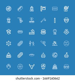 Editable 36 american icons for web and mobile. Set of american included icons line Burger, Capitol, Indian, Bull skull, Basketball, Cowboy hat, Hamburguer, Hot dog on blue background