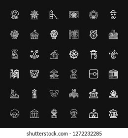 Editable 36 amusement icons for web and mobile. Set of amusement included icons line Ride, Circus, Clown, Amusement park, Carousel, Trampoline, Free fall, Bumper car on black background