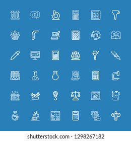 Editable 36 analysis icons for web and mobile. Set of analysis included icons line Analytics, Data, Calculator, Microscope, Flask, Review, System, Scale, Chemistry on blue background