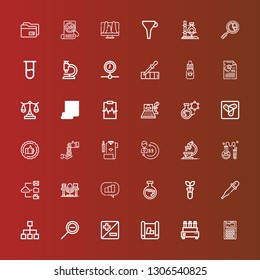 Editable 36 analysis icons for web and mobile. Set of analysis included icons line Calculator, Test tube, Scheme, Zoom, Zoom out, Diagram, Pipette, Flask, Analytics, Study on red