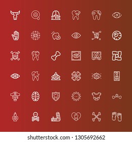Editable 36 anatomy icons for web and mobile. Set of anatomy included icons line Barefoot, Bones, Tooth, Arm, Skull, Broken bone, Body, Platelet, Brain, Bone, Eye, Arms on red