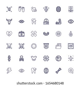 Editable 36 anatomy icons for web and mobile. Set of anatomy included icons line Eye, Bone, Brain, Tooth, Ray, Body, Eyeball, Bones, Skull, Visibility, Jolly roger on white background