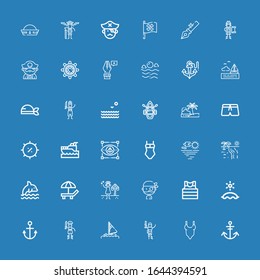 Editable 36 anchor icons for web and mobile. Set of anchor included icons line Anchor, Swimsuit, Pirate, Sail, Beach, Sailor, Summer, Dolphin, Sea, Visual, Yatch on blue background