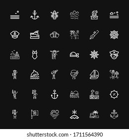 Editable 36 anchor icons for web and mobile. Set of anchor included icons line Anchor, Beach, Sea, Pirate flag, Pirate, Summer, Yatch, Dolphin, Ship wheel on black background