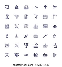 Editable 36 ancient icons for web and mobile. Set of ancient included icons line Harp, Vase, Pagan, Crossbow, Pagoda, Swords, Trojan, Castle, Headdress, Psi on white background