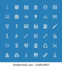 Editable 36 ancient icons for web and mobile. Set of ancient included icons line Vase, Veena, Torii, Roman helmet, Castle, Pagoda, Spears, Gateway arch, Harp on blue background