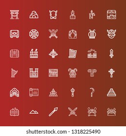 Editable 36 ancient icons for web and mobile. Set of ancient included icons line Shogun, Samurai, Swords, Spear, Pyramid, Spellbook, Scythe, Scepter, Scroll, Arch, Chinese knot on red