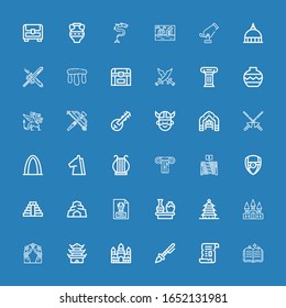 Editable 36 ancient icons for web and mobile. Set of ancient included icons line Spellbook, Papyrus, Prehistoric, Angkor wat, Pagoda, Arch, Castle, Vase, Cave on blue background
