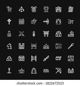 Editable 36 ancient icons for web and mobile. Set of ancient included icons line Castle, Crossbow, Stonehenge, Gateway arch, Pyramid, Pedestal, Cannon, Prehistoric on black background