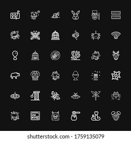 Editable 36 Animal Icons For Web And Mobile. Set Of Animal Included Icons Line Egg, Snake, Honey, Monster, Aquarium, Unicorn, Hippopotamus, Dragonfly, Moth On Black Background