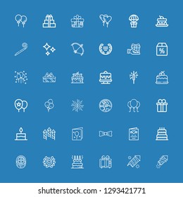 Editable 36 anniversary icons for web and mobile. Set of anniversary included icons line Petard, Fireworks, Gift, Cake, Laurel, Birthday cake, Wedding invitation on blue background