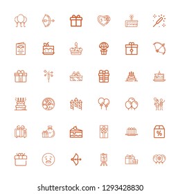 Editable 36 anniversary icons for web and mobile. Set of anniversary included icons line Balloon, Gift, Wedding sign, Bow, Surprised, Offer, Cake, Gift box on white background