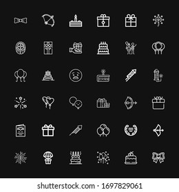 Editable 36 anniversary icons for web and mobile. Set of anniversary included icons line Bow, Cake, Balloon, Gift, Firework, Laurel, Balloons, Fireworks, Wedding invitation on black background