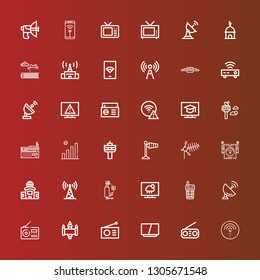 Editable 36 antenna icons for web and mobile. Set of antenna included icons line Wifi, Radio, Television, Signal, Antenna, Walkie talkie, Tv, Wind signal, Control tower on red