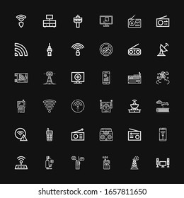Editable 36 antenna icons for web and mobile. Set of antenna included icons line Television, Tower, Walkie talkie, Tv, Wifi, Radio, Science fiction, Antenna on black background