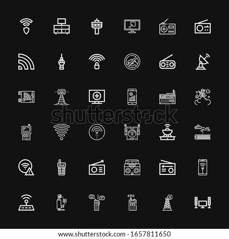 Editable 36 antenna icons for web and mobile. Set of antenna included icons line Television, Tower, Walkie talkie, Tv, Wifi, Radio, Science fiction, Antenna on black background