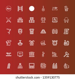 Editable 36 antique icons for web and mobile. Set of antique included icons line Lighter, Fortress, Frame, Tv, Inkwell, Pisa, Auction, Gramophone, Violin, Museum, Katana on red