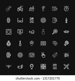 Editable 36 app icons for web and mobile. Set of app included icons line Arrow, Mobile, Game, Placeholder, Bug, Discount, Touch, Socket, Development, Smartwatch on black background