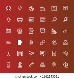 Editable 36 app icons for web and mobile. Set of app included icons line Lock, Placeholder, Web design, Syringe, Webcam, Gps, Queue, Ticket window, Monitoring, Medical insurance on red