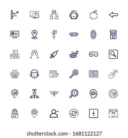 Editable 36 app icons for web and mobile. Set of app included icons line Pub, Download, Reload, Follower, Placeholder, Delivery, Thumb down, Head, Search, Bug on white background