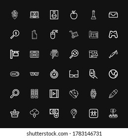 Editable 36 app icons for web and mobile. Set of app included icons line Sign, Apple, Placeholder, Add button, Download, Basket, Marker, Smartwatch, Queue on black background