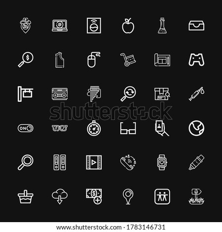 Editable 36 app icons for web and mobile. Set of app included icons line Sign, Apple, Placeholder, Add button, Download, Basket, Marker, Smartwatch, Queue on black background