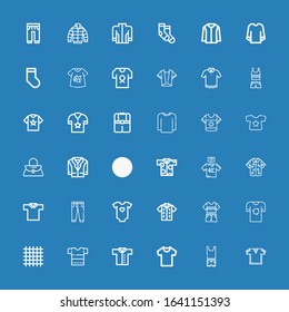 Editable 36 apparel icons for web and mobile. Set of apparel included icons line Tshirt, Clothes, Shirt, Cloth, Baby clothes, Jeans, Polo shirt, Jacket, Handbag on blue background