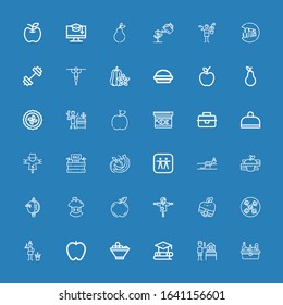 Editable 36 apple icons for web and mobile. Set of apple included icons line Picnic, Gardener, Education, Fruit bowl, Apple, Vegan food, Scarecrow, Bitten on blue background