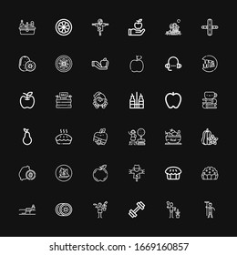 Editable 36 apple icons for web and mobile. Set of apple included icons line Gardener, Gym, Kiwi, Fitness, Pie, Scarecrow, Apple, Vegan food, Carambola, Fruit on black background