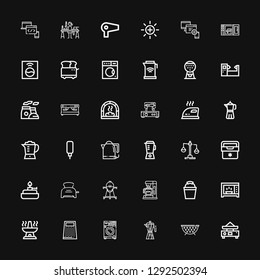 Editable 36 appliance icons for web and mobile. Set of appliance included icons line Balance, Grate, Coffee maker, Washing machine, Grater, Oven, Microwave on black background
