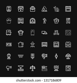 Editable 36 appliance icons for web and mobile. Set of appliance included icons line Washing machine, Oven, Fryer, Balance, Geyser, Hair dryer, Steelyard, Hairdryer on black background