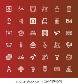 Editable 36 appliance icons for web and mobile. Set of appliance included icons line Vacuum, Coffee machine, Water heater, Coffee maker, Balance, Pruning shears, Heater on red