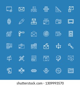 Editable 36 application icons for web and mobile. Set of application included icons line Browser, Dollar, World, Augmented reality, Satellite, Smartphone, Email on blue background