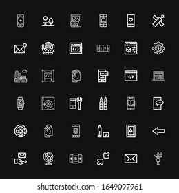 Editable 36 application icons for web and mobile. Set of application included icons line Crossing, Email, Resize, Smartphone, Earth globe, Back, Navigation on black background