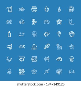 Editable 36 aquatic icons for web and mobile. Set of aquatic included icons line Turtle, Fish, Starfish, Coral, Jellyfish, Aquarium, Whale, Dolphin, Diving on blue background