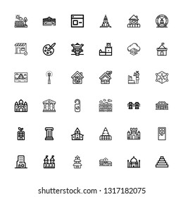 Editable 36 architecture icons for web and mobile. Set of architecture included icons line Pyramid, Taj mahal, House, Japanese castle, Fortress, Skyscraper on white background