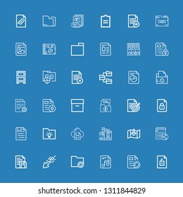 Editable 36 archive icons for web and mobile. Set of archive included icons line File, Folder, Download, Document, File transfer, Archive, Cabinet, Folders on blue background