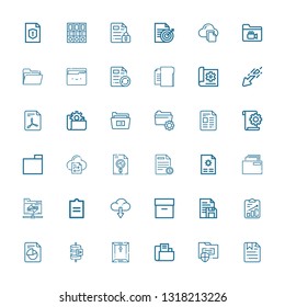 Editable 36 archive icons for web and mobile. Set of archive included icons line File, Folder, Dossier, Send data, Document, Archive, Download, Shared folder on white background