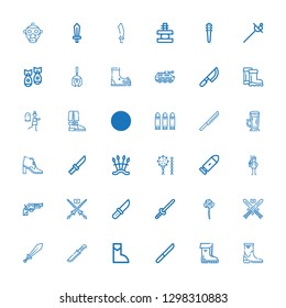 Editable 36 army icons for web and mobile. Set of army included icons line Boot, Boots, Knife, Sword, Swords, Mace, Lance, Revolver, Soldier, Bullet, Weapon on white background