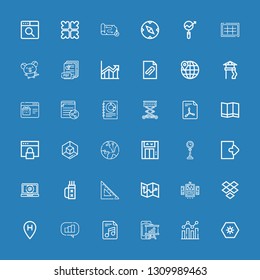 Editable 36 arrow icons for web and mobile. Set of arrow included icons line Day, Analysis, Analytics, File, Location, Dropbox, Ui, Map, Set square, Quiver on blue background
