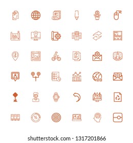 Editable 36 arrow icons for web and mobile. Set of arrow included icons line Slide, Statistics, Chart, Dartboard, Stats, Servers, Recycle, Graphic, Return on white background