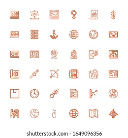 Editable 36 arrow icons for web and mobile. Set of arrow included icons line Crossbow, Map, Globe, Mouse, Gps, Slide, Switch, File, Download, Wall clock, Packing on white background
