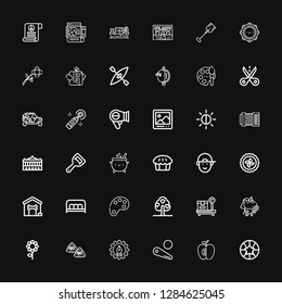 Editable 36 art icons for web and mobile. Set of art included icons line Basketball, Apple, Pinball, Graphic design, Zongzi, Flower, Unicorn, Box, Tree, Color palette on black background