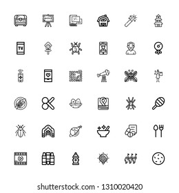 Editable 36 art icons for web and mobile. Set of art included icons line Cookie, Parade, Idea, Hydrant, Crayons, Film, Cutlery, Medical prescription, Mortar on white background