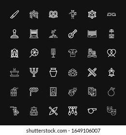 Editable 36 art icons for web and mobile. Set of art included icons line Theater, Whistle, Garlands, Kayak, Backpack, Lasso, Bomb, Tarot, Idea, Frame, Eye mask on black background
