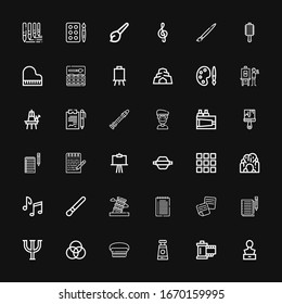 Editable 36 artistic icons for web and mobile. Set of artistic included icons line Sculpture, Reel, Paint tube, Brush, Palette, Psi, Notes, Note, Pisa, Music notes on black background