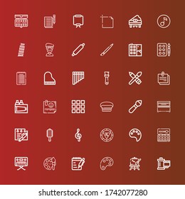 Editierbare 36 künstlerische Icons für Web und Mobile. Set von künstlerischen Inklusiv Icons Linie Reel, Easel, Farbpalette, Notizen, Paint, Piano, Wasserfarbe, Paint Palette, Note, Pinsel auf rot
