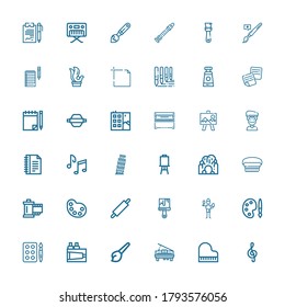 Editable 36 artistic icons for web and mobile. Set of artistic included icons line Note, Piano, Art, Paint, Watercolor, Palette, Brush, Paint brush, Rolling pin on white background