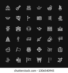 Editable 36 asia icons for web and mobile. Set of asia included icons line Origami, Flag, Torii, Bamboo, Kimono, Dragon, Pagoda, Bowls, Famous, Onigiri, Sai on black background