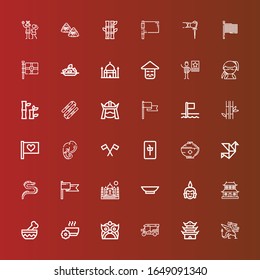 Editable 36 asia icons for web and mobile. Set of asia included icons line Dragon, Pagoda, Tuk tuk, Bowl, Dojo, Buddha, Taj mahal, Flag, Origami, Mahjong, Elephant, Bamboo on red